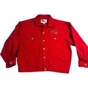 VTG 1990's Pro Elite Kansas City Chiefs Red Denim Jacket Mens XL NFL Embroidered